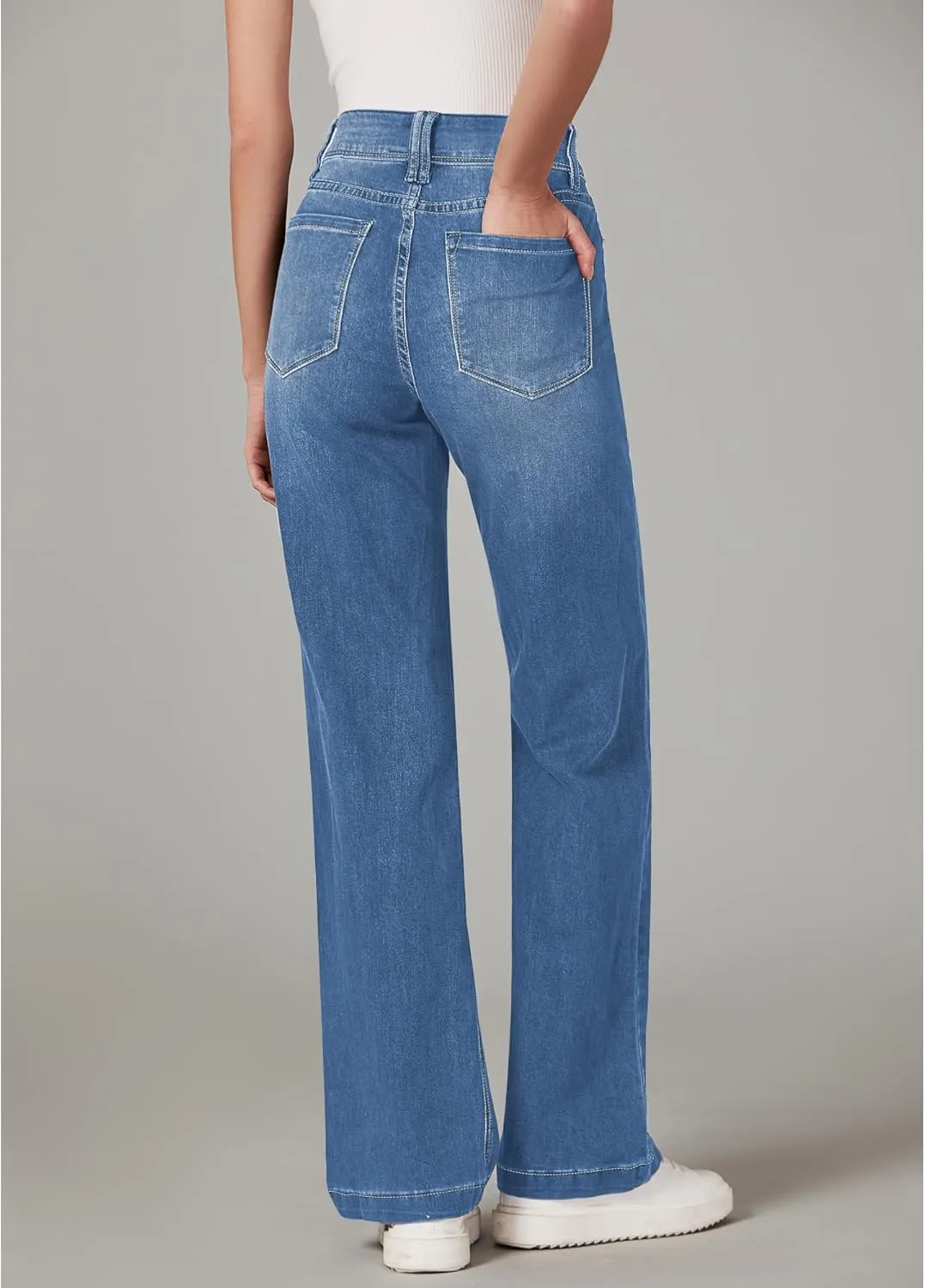 GRAPENT Wide Leg Jeans for Women Trendy High Waisted Flare Stretchy Denim Pants Baggy Dual Button Trouser Jeans Pockets