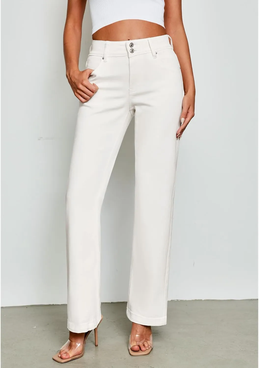 GRAPENT Wide Leg Jeans for Women Trendy High Waisted Flare Stretchy Denim Pants Baggy Dual Button Trouser Jeans Pockets