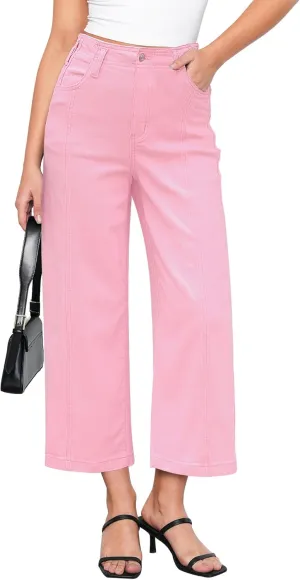 GRAPENT Wide Leg Jeans Woman Trendy Cropped High Waisted Front Seam Casual Stretchy Denim Trouser Jeans with Pockets