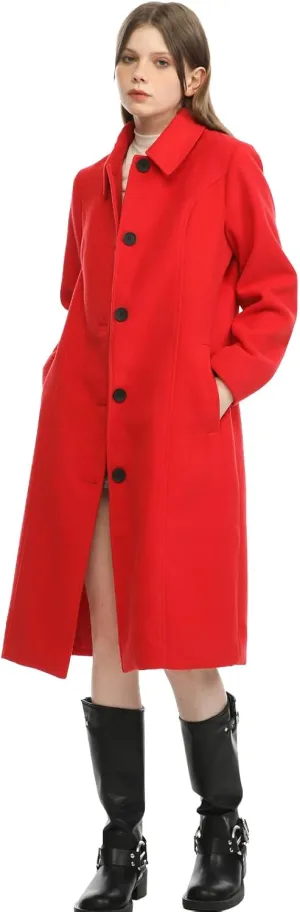Hacikis Womens Single Breasted Wool Blend Long Fall Winter Pea Trench Coat with Pockets
