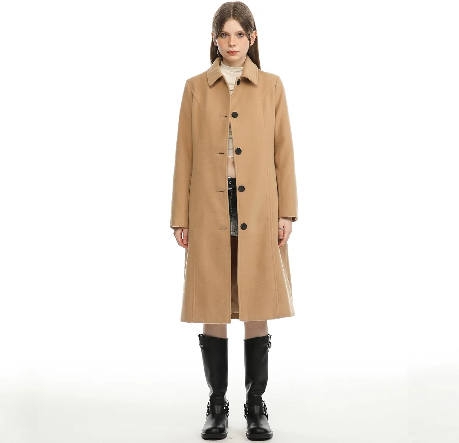 Hacikis Womens Single Breasted Wool Blend Long Fall Winter Pea Trench Coat with Pockets