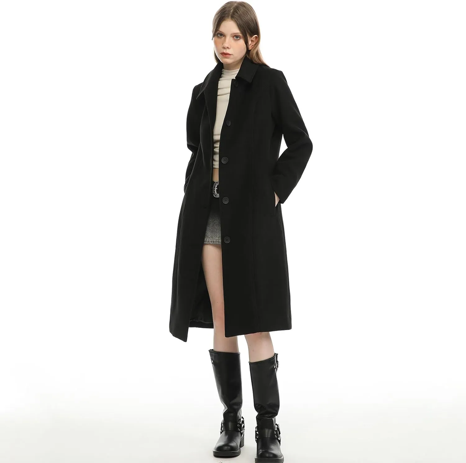Hacikis Womens Single Breasted Wool Blend Long Fall Winter Pea Trench Coat with Pockets