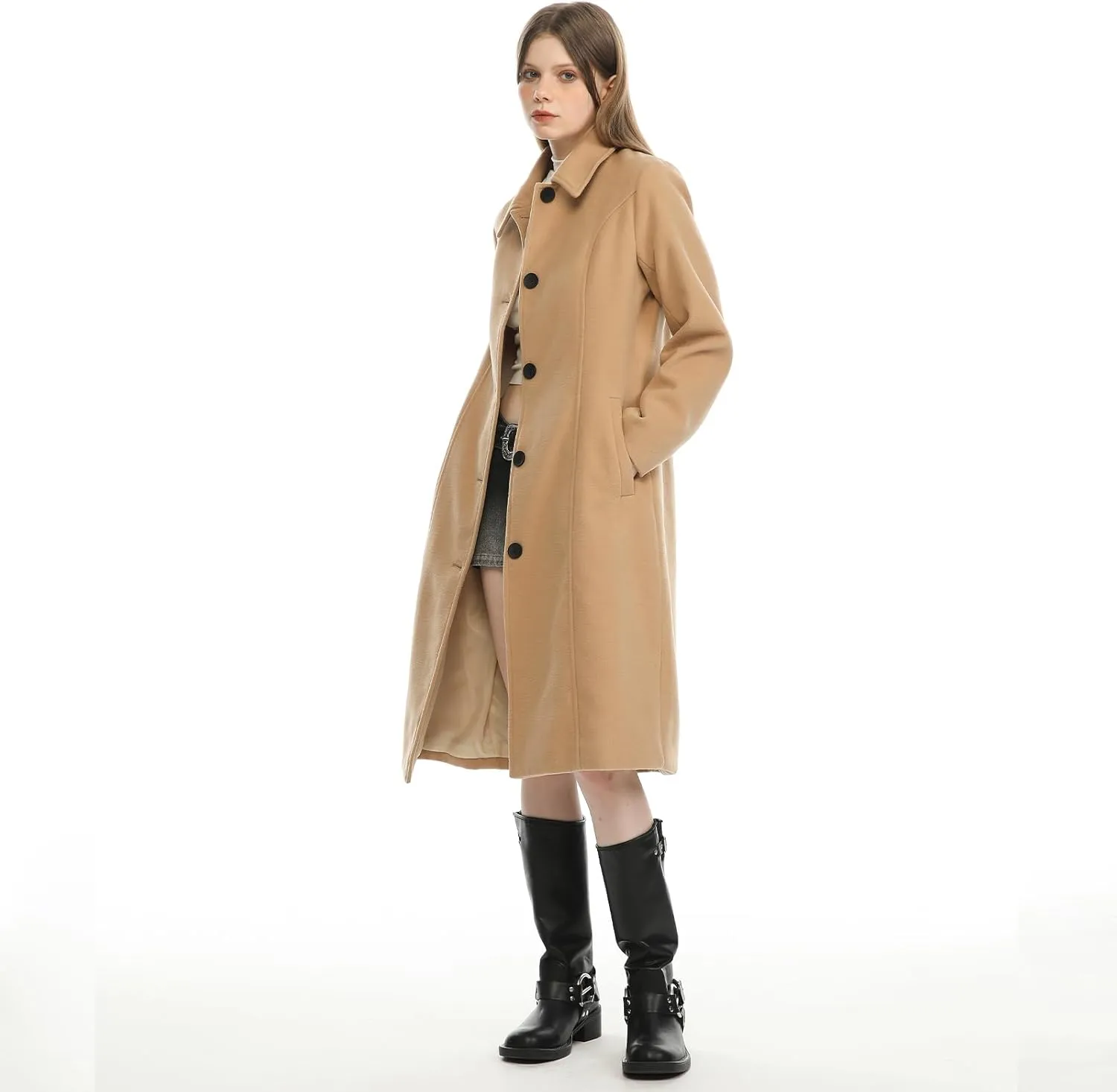 Hacikis Womens Single Breasted Wool Blend Long Fall Winter Pea Trench Coat with Pockets