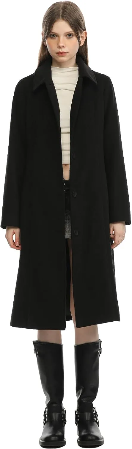 Hacikis Womens Single Breasted Wool Blend Long Fall Winter Pea Trench Coat with Pockets
