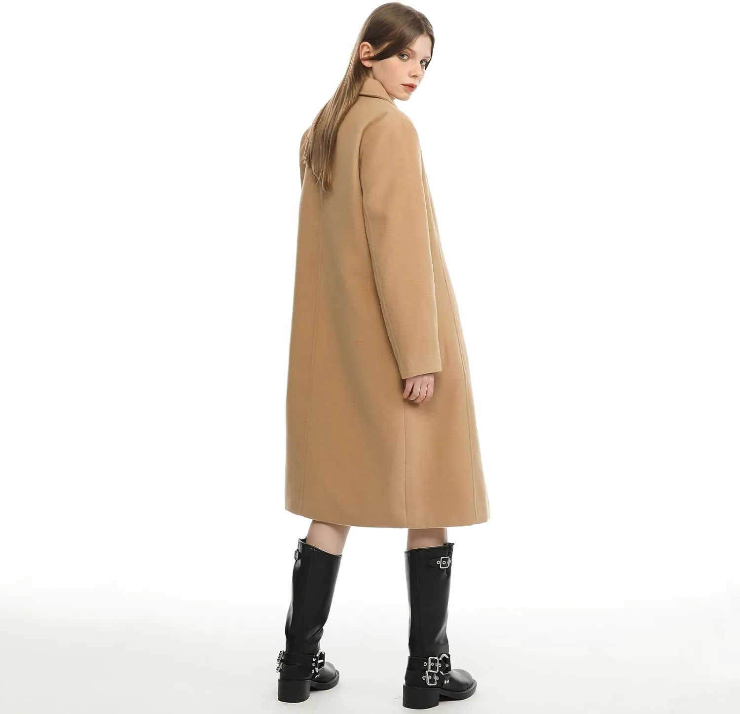 Hacikis Womens Single Breasted Wool Blend Long Fall Winter Pea Trench Coat with Pockets