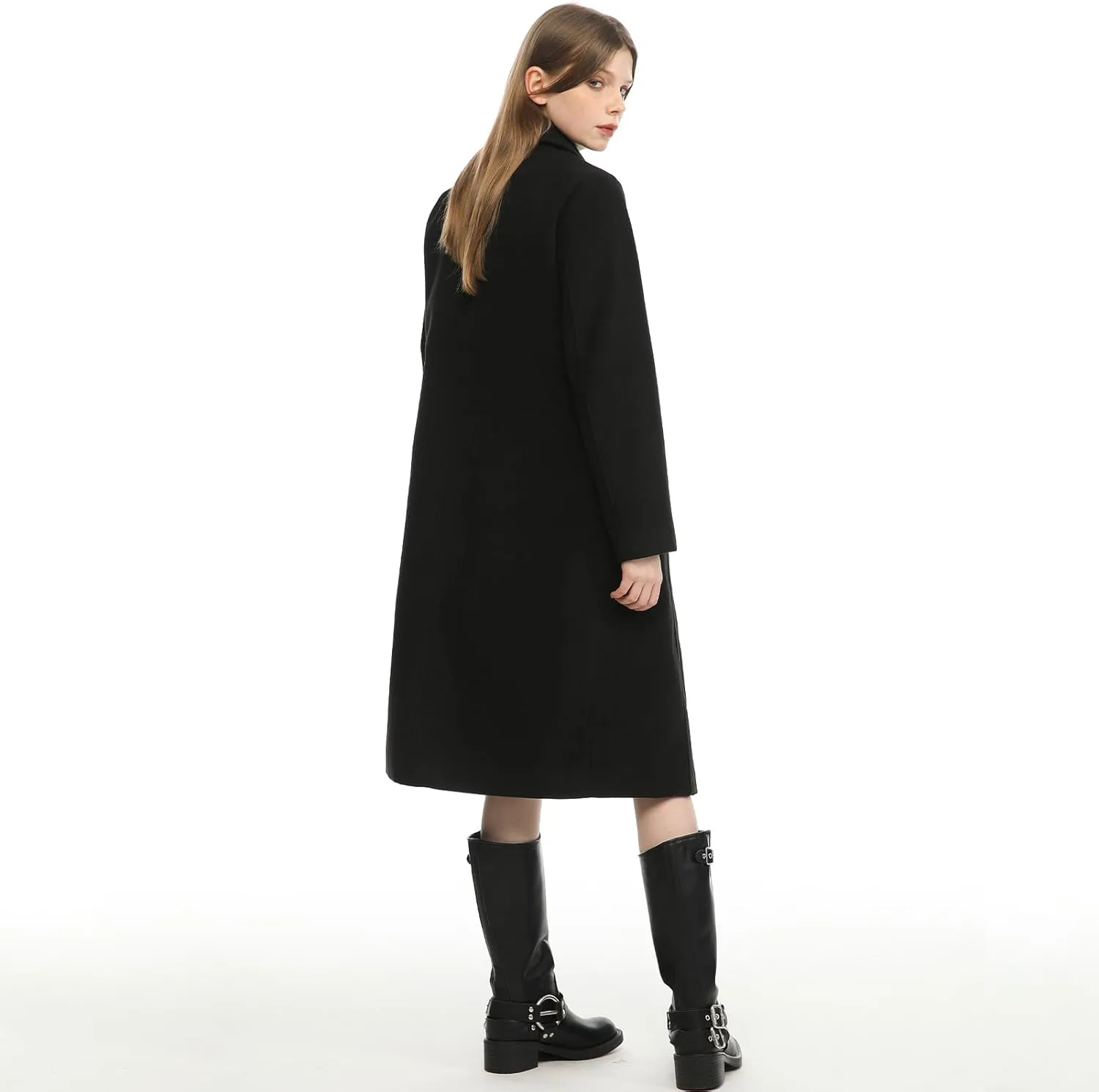 Hacikis Womens Single Breasted Wool Blend Long Fall Winter Pea Trench Coat with Pockets