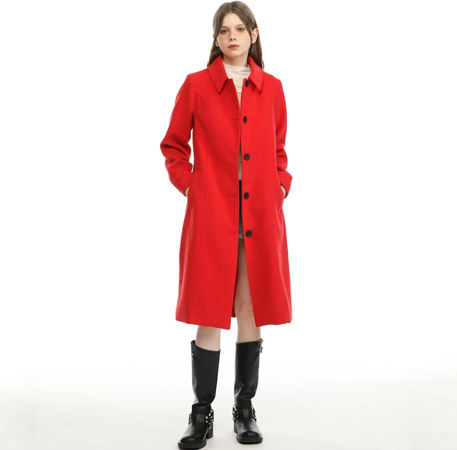 Hacikis Womens Single Breasted Wool Blend Long Fall Winter Pea Trench Coat with Pockets
