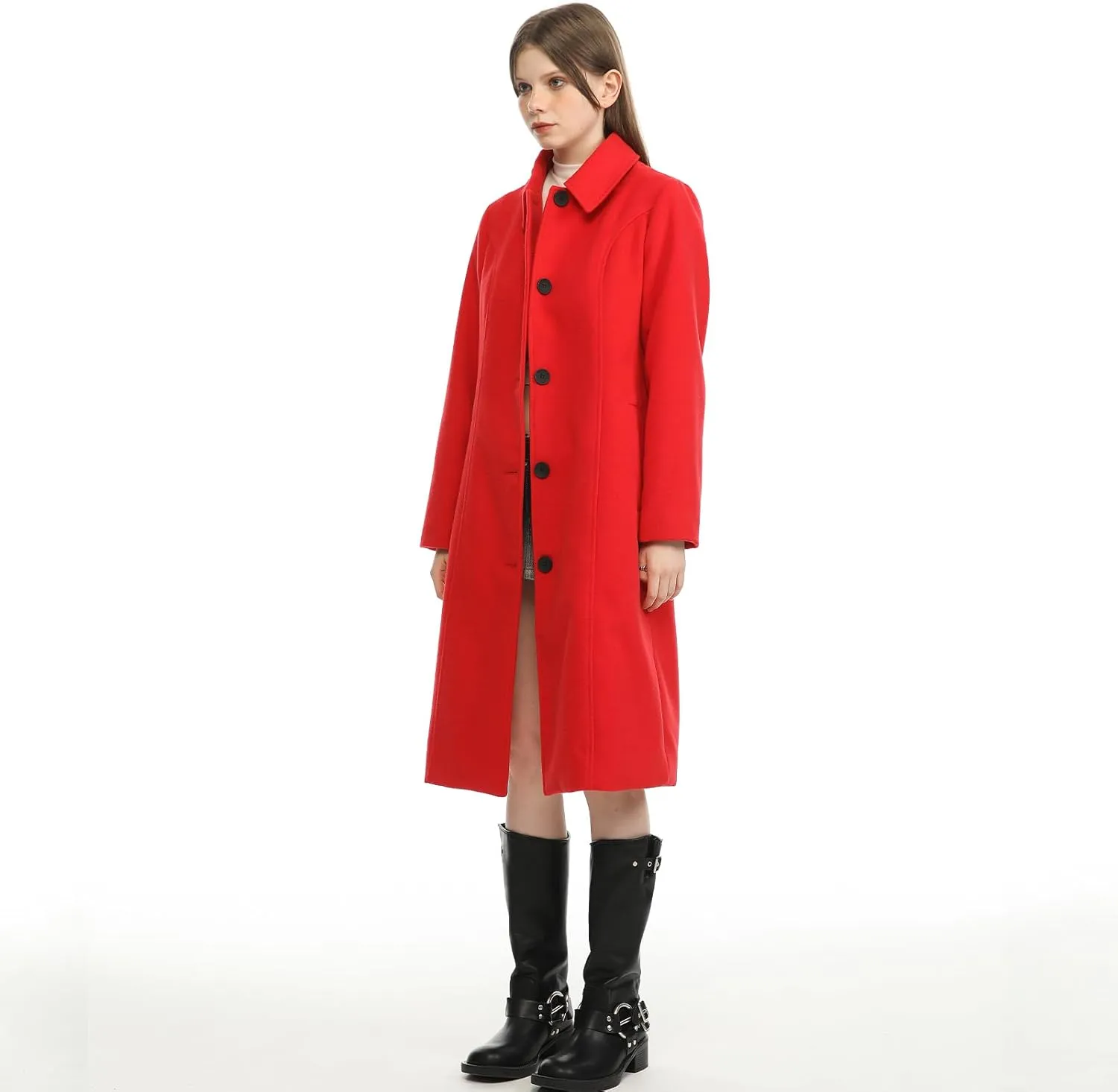 Hacikis Womens Single Breasted Wool Blend Long Fall Winter Pea Trench Coat with Pockets