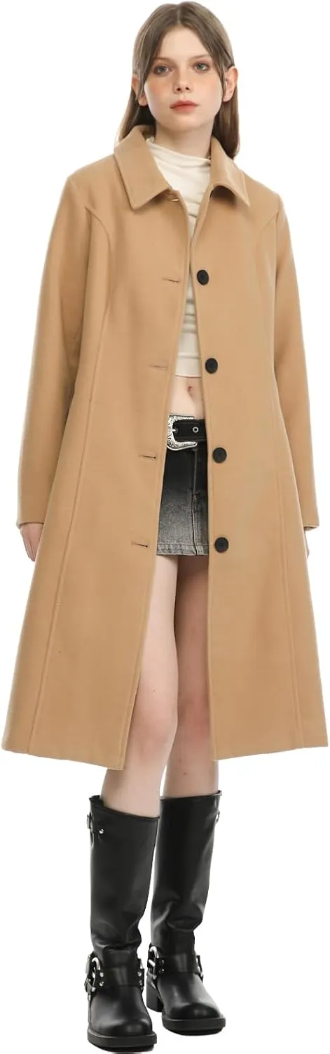 Hacikis Womens Single Breasted Wool Blend Long Fall Winter Pea Trench Coat with Pockets