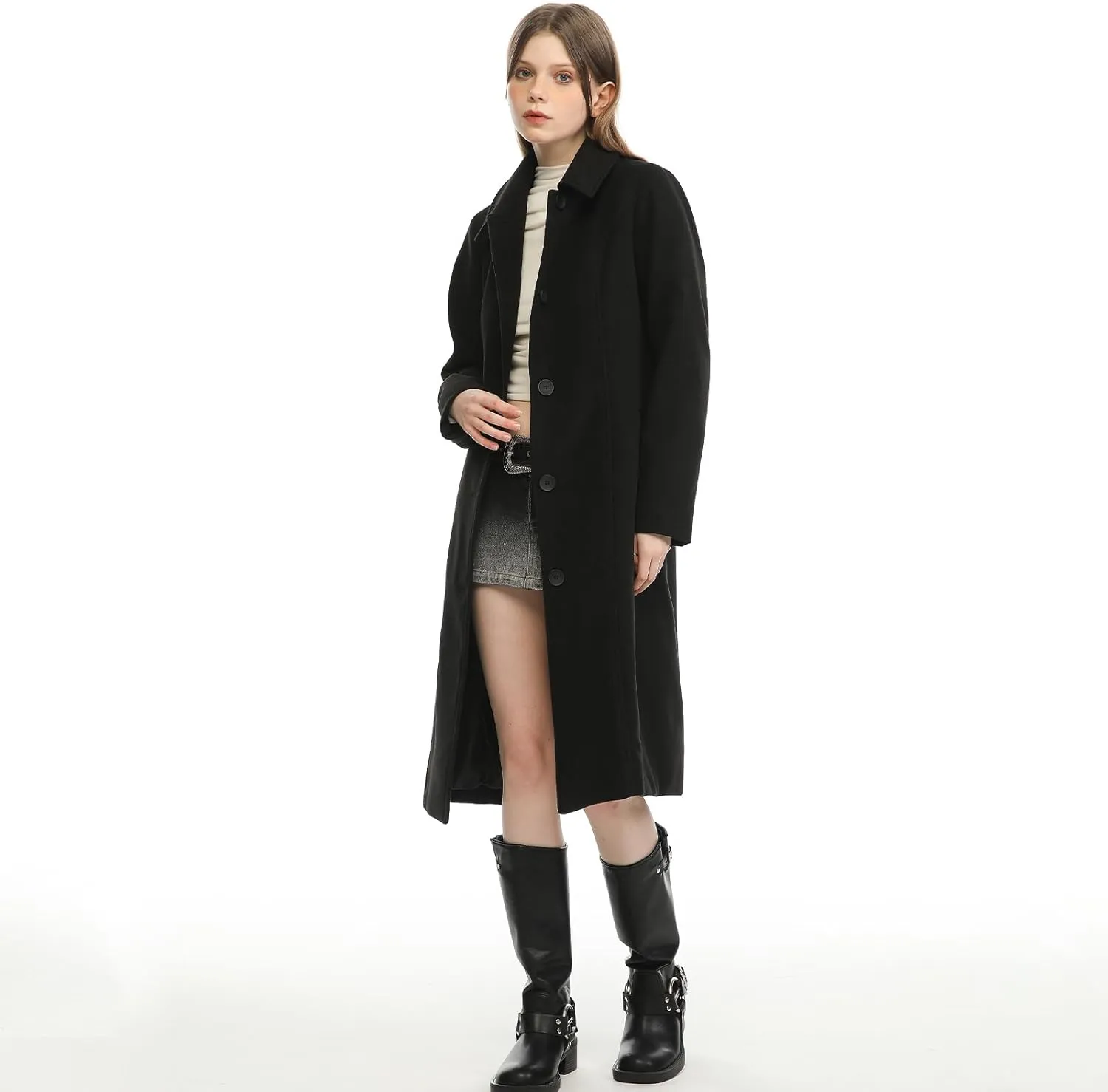 Hacikis Womens Single Breasted Wool Blend Long Fall Winter Pea Trench Coat with Pockets