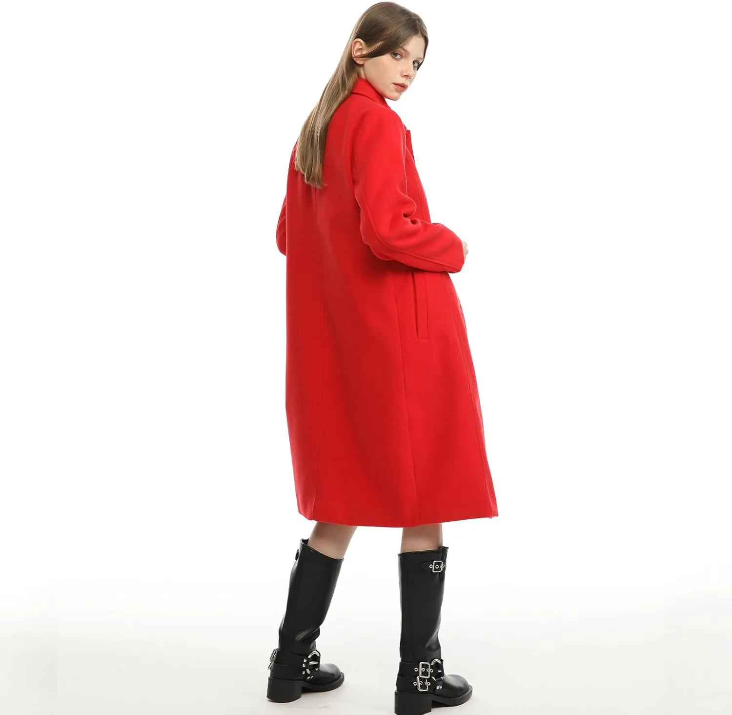 Hacikis Womens Single Breasted Wool Blend Long Fall Winter Pea Trench Coat with Pockets