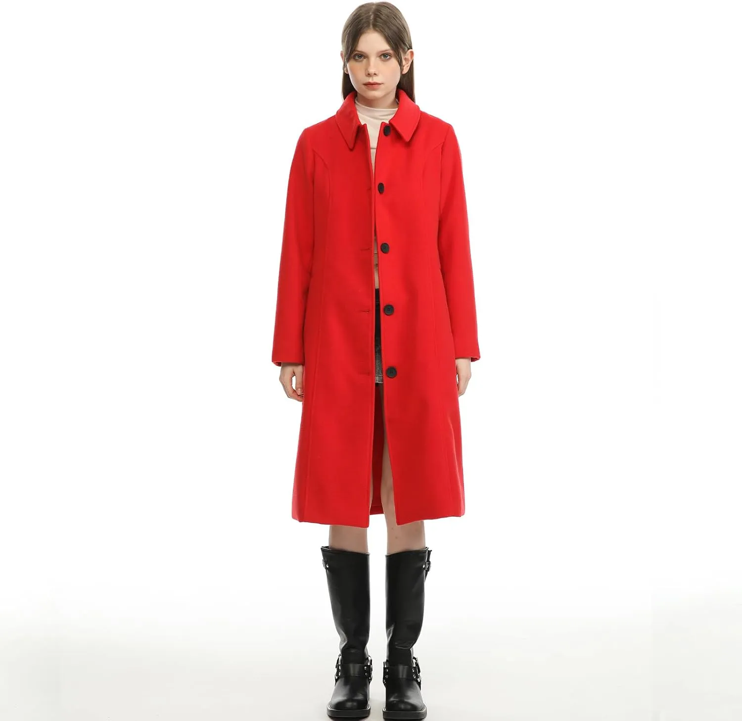 Hacikis Womens Single Breasted Wool Blend Long Fall Winter Pea Trench Coat with Pockets