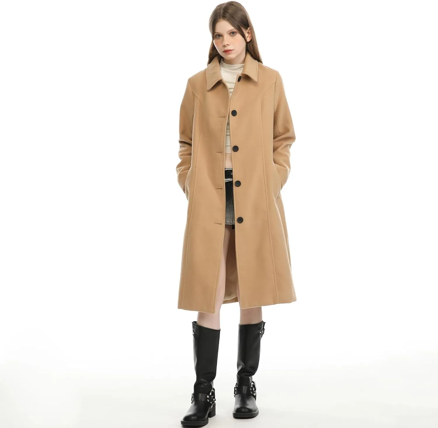 Hacikis Womens Single Breasted Wool Blend Long Fall Winter Pea Trench Coat with Pockets