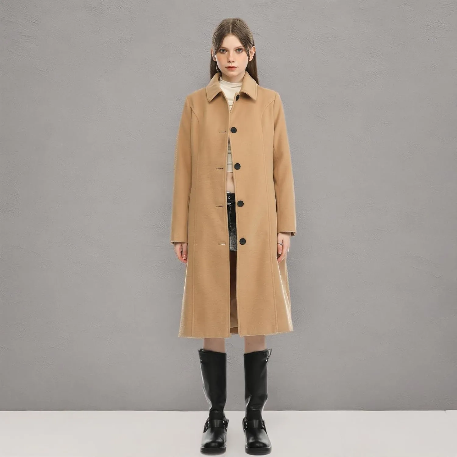 Hacikis Womens Single Breasted Wool Blend Long Fall Winter Pea Trench Coat with Pockets