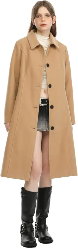 Hacikis Womens Single Breasted Wool Blend Long Fall Winter Pea Trench Coat with Pockets