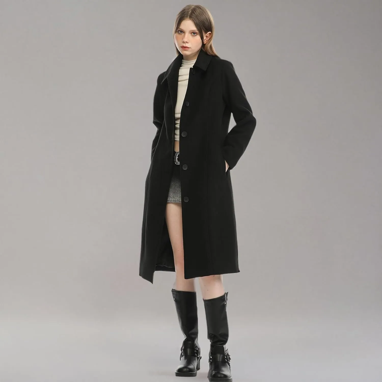 Hacikis Womens Single Breasted Wool Blend Long Fall Winter Pea Trench Coat with Pockets