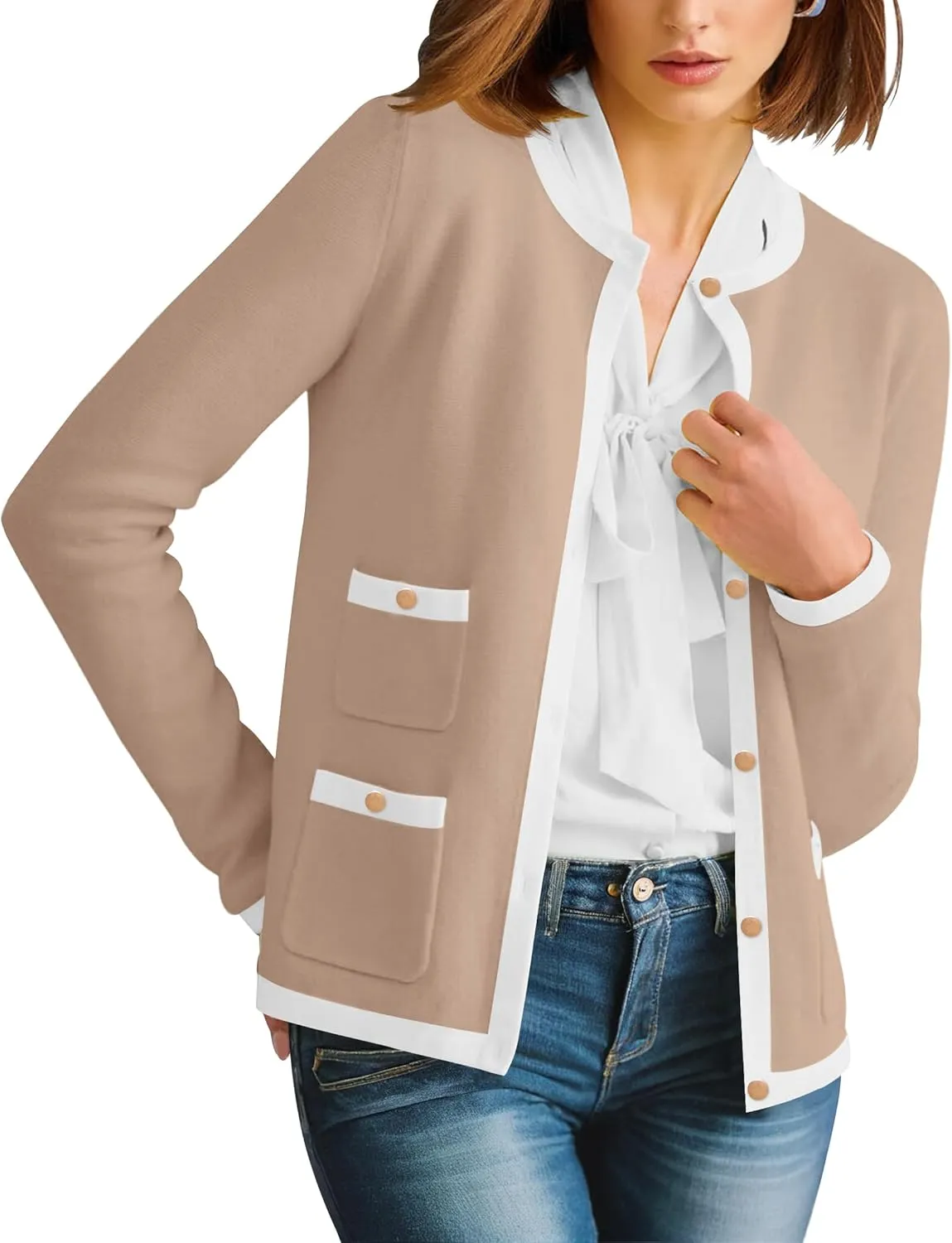 HAEOF Womens 2025 Fall Long Sleeve Button Up Cardigan Sweaters Crewneck Soft Lightweight Dressy Trendy Outwear with Pockets