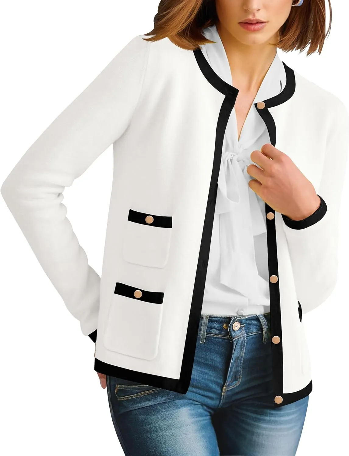 HAEOF Womens 2025 Fall Long Sleeve Button Up Cardigan Sweaters Crewneck Soft Lightweight Dressy Trendy Outwear with Pockets