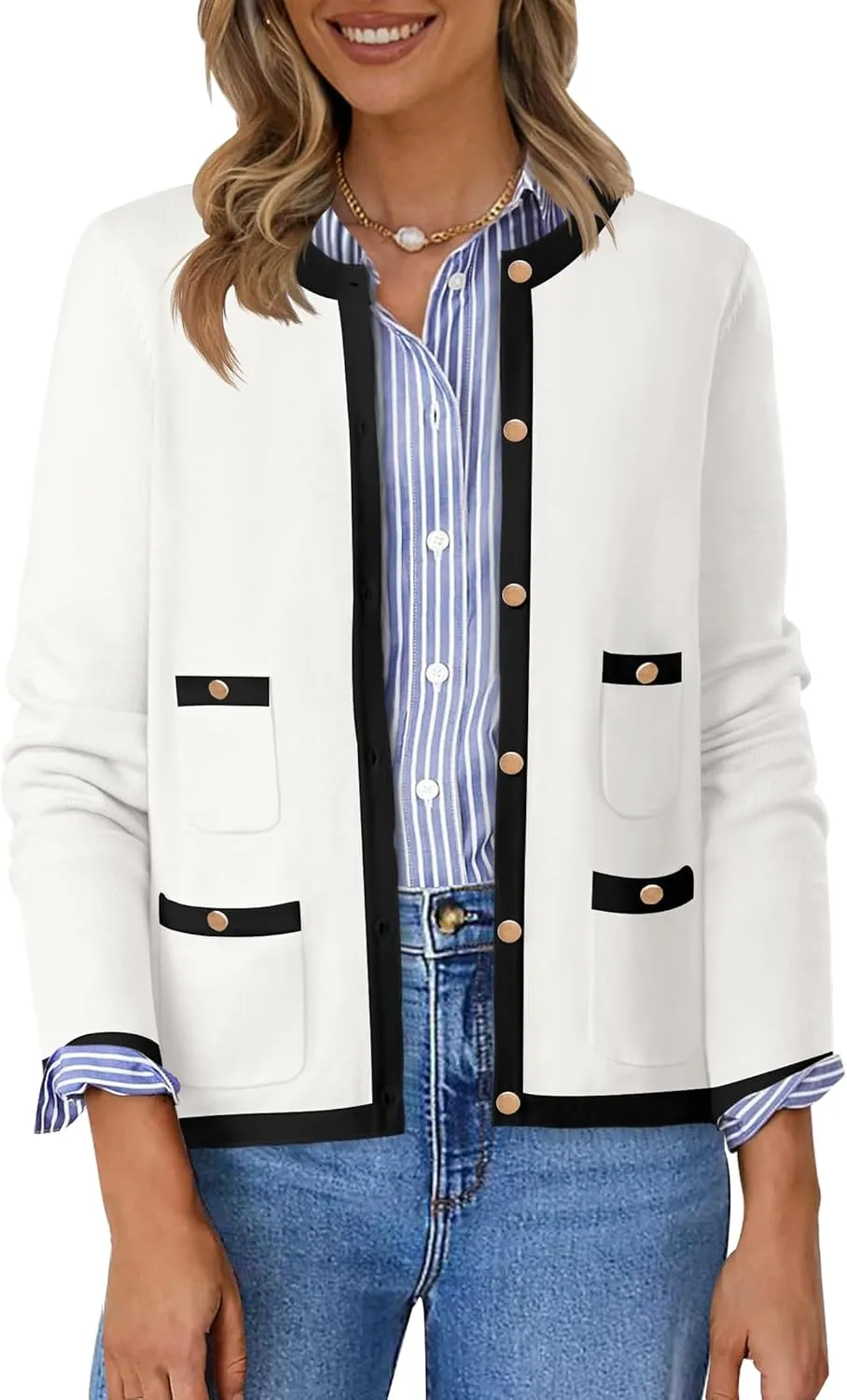 HAEOF Womens 2025 Fall Long Sleeve Button Up Cardigan Sweaters Crewneck Soft Lightweight Dressy Trendy Outwear with Pockets