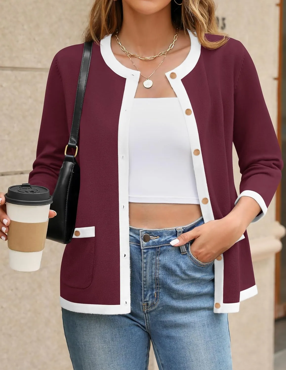 HAEOF Womens 2025 Fall Long Sleeve Button Up Cardigan Sweaters Crewneck Soft Lightweight Dressy Trendy Outwear with Pockets