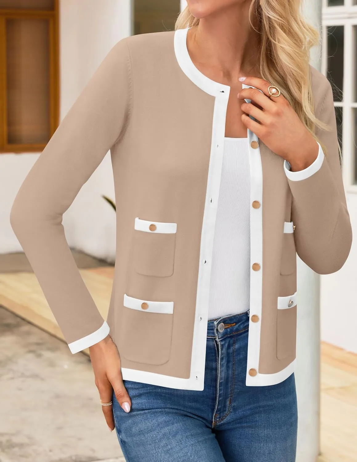 HAEOF Womens 2025 Fall Long Sleeve Button Up Cardigan Sweaters Crewneck Soft Lightweight Dressy Trendy Outwear with Pockets