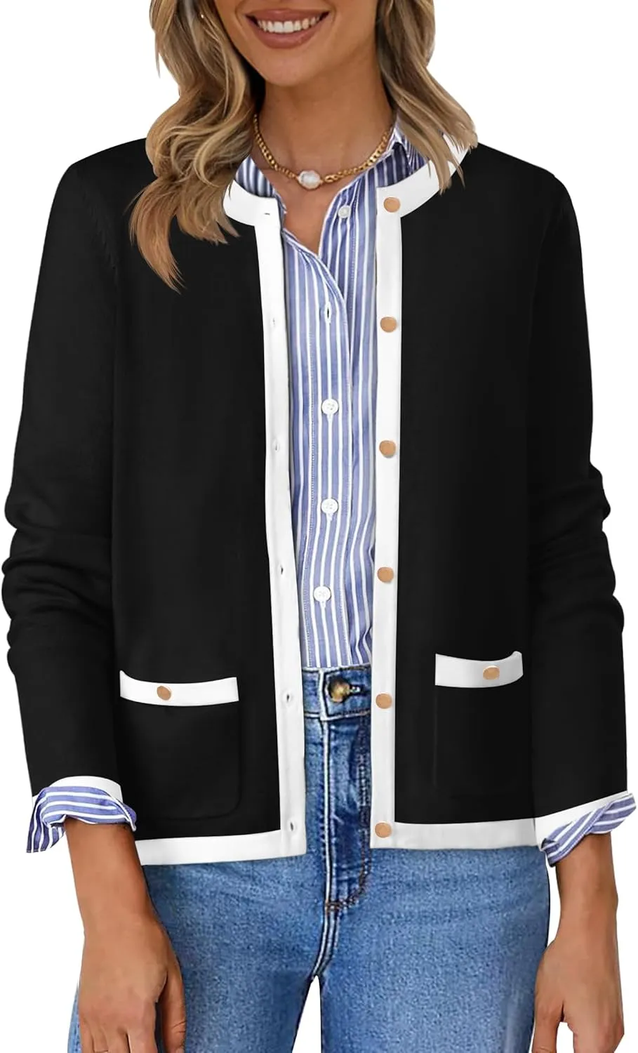 HAEOF Womens 2025 Fall Long Sleeve Button Up Cardigan Sweaters Crewneck Soft Lightweight Dressy Trendy Outwear with Pockets