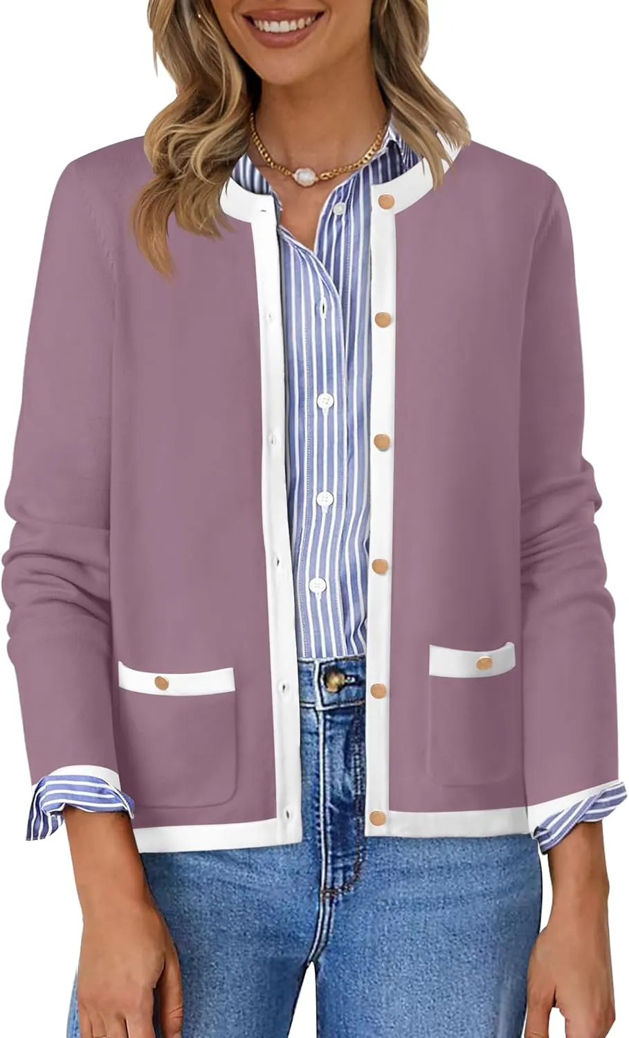 HAEOF Womens 2025 Fall Long Sleeve Button Up Cardigan Sweaters Crewneck Soft Lightweight Dressy Trendy Outwear with Pockets