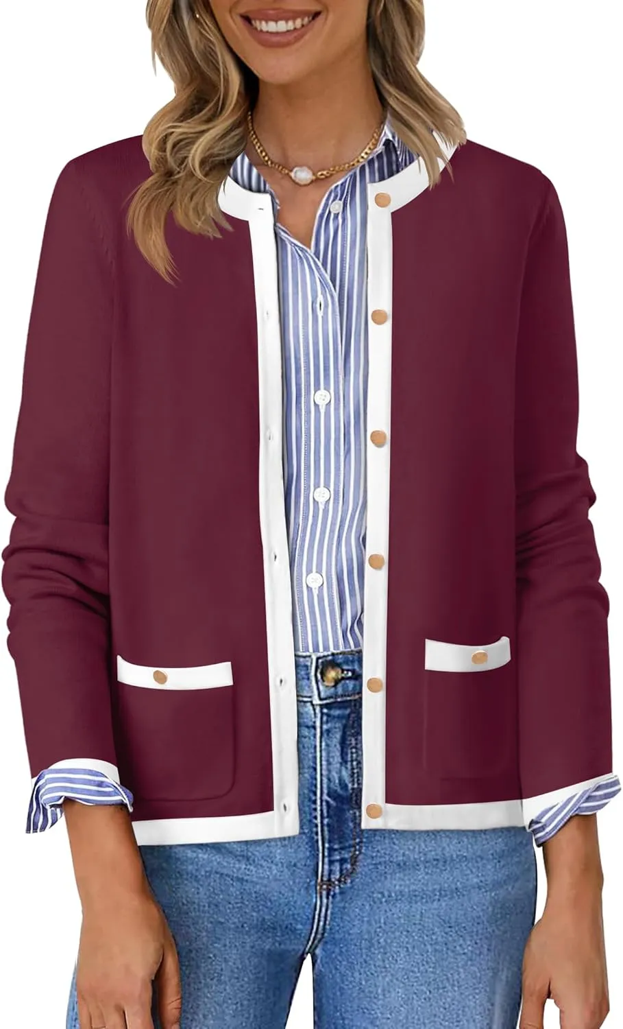 HAEOF Womens 2025 Fall Long Sleeve Button Up Cardigan Sweaters Crewneck Soft Lightweight Dressy Trendy Outwear with Pockets
