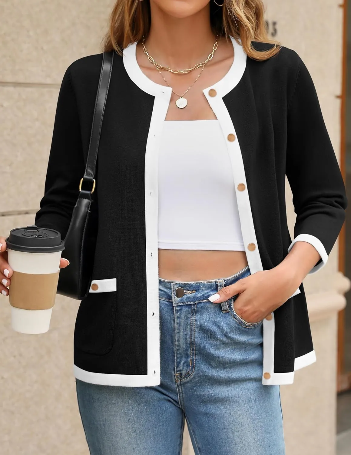 HAEOF Womens 2025 Fall Long Sleeve Button Up Cardigan Sweaters Crewneck Soft Lightweight Dressy Trendy Outwear with Pockets