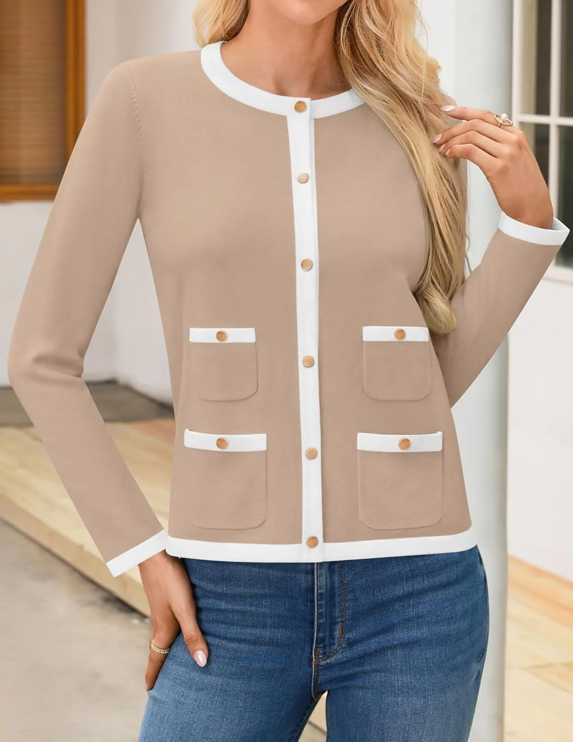 HAEOF Womens 2025 Fall Long Sleeve Button Up Cardigan Sweaters Crewneck Soft Lightweight Dressy Trendy Outwear with Pockets