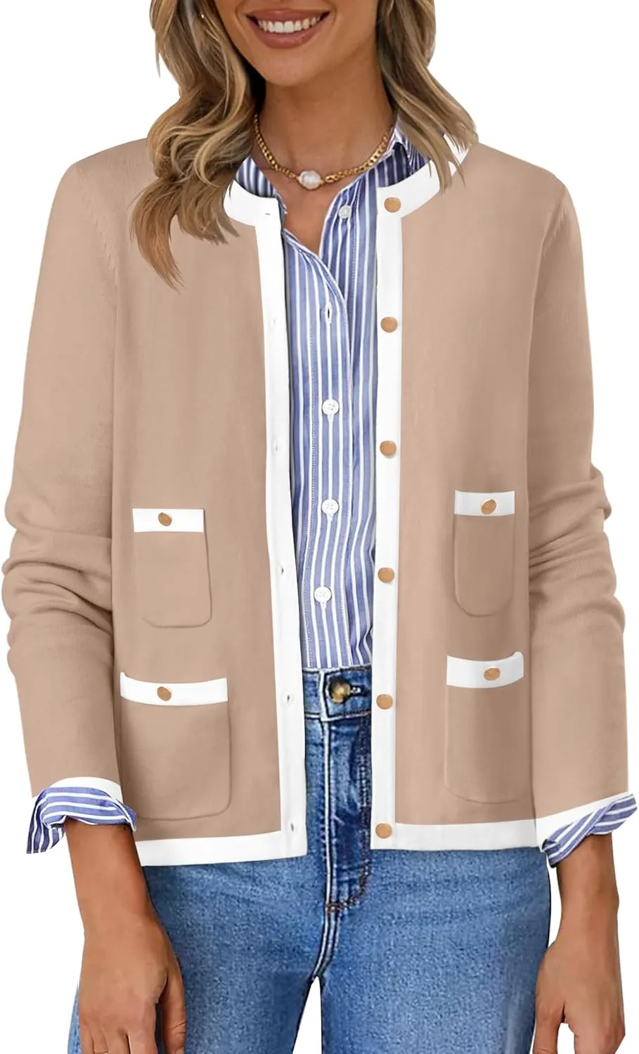 HAEOF Womens 2025 Fall Long Sleeve Button Up Cardigan Sweaters Crewneck Soft Lightweight Dressy Trendy Outwear with Pockets