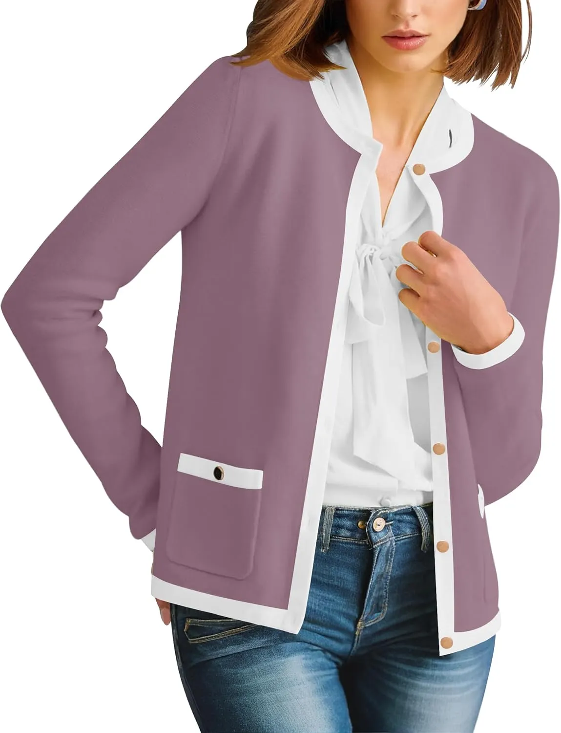 HAEOF Womens 2025 Fall Long Sleeve Button Up Cardigan Sweaters Crewneck Soft Lightweight Dressy Trendy Outwear with Pockets
