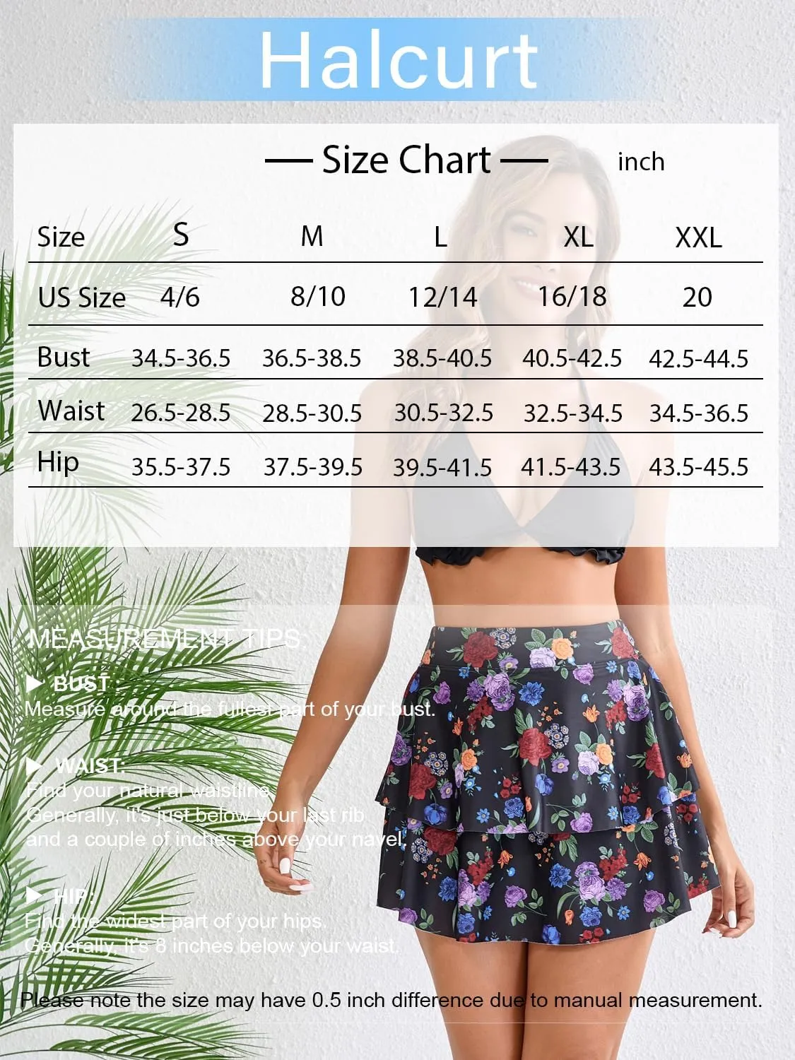 Halcurt Women's High Waisted Ruffle Swim Skirt with Shorts Tummy Control Swimsuit Bottoms
