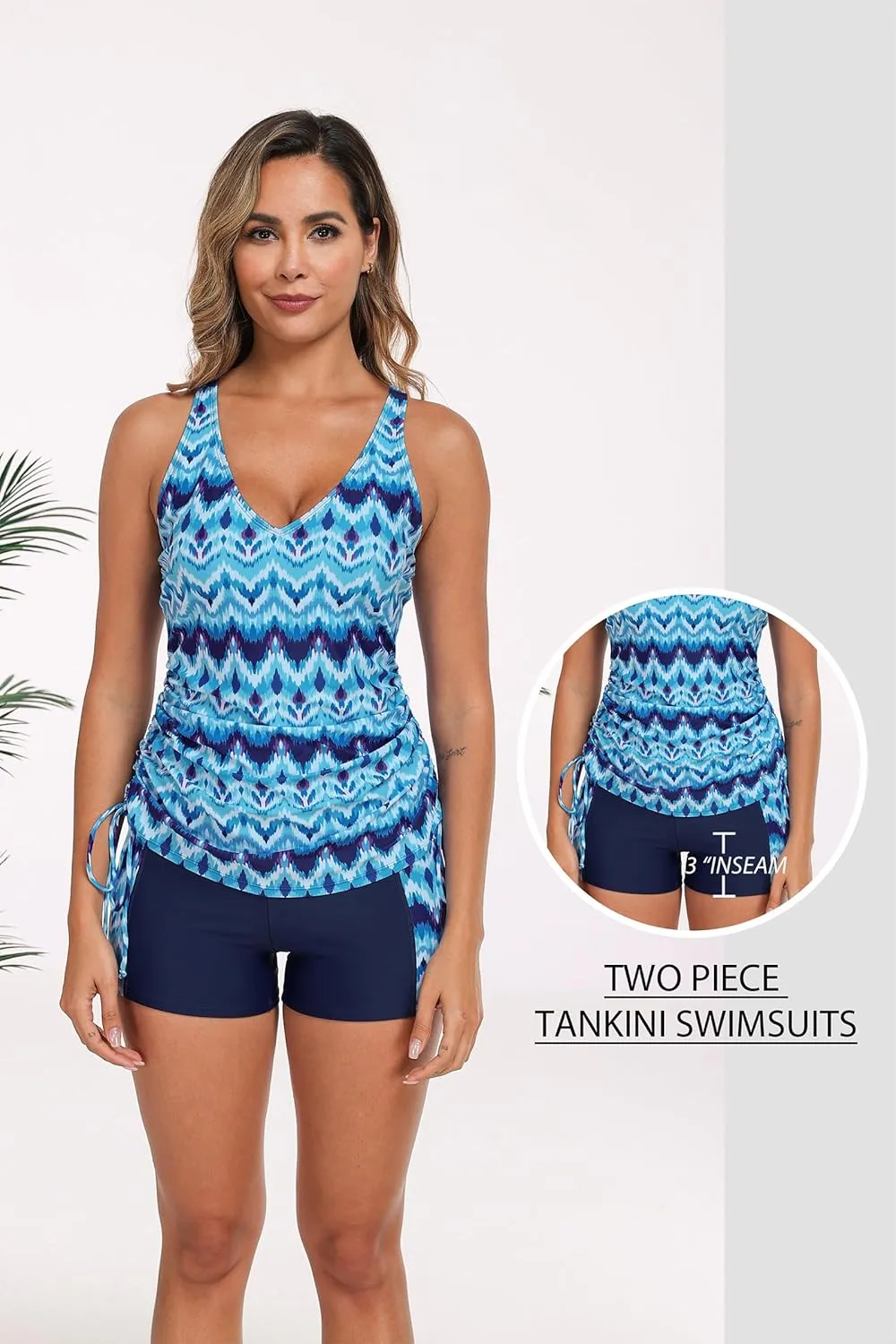 Halcurt Women's Two Piece Swimsuits Tankini Set with Shorts Pocket Tummy Control Adjustable Drawstring Bathing Suit