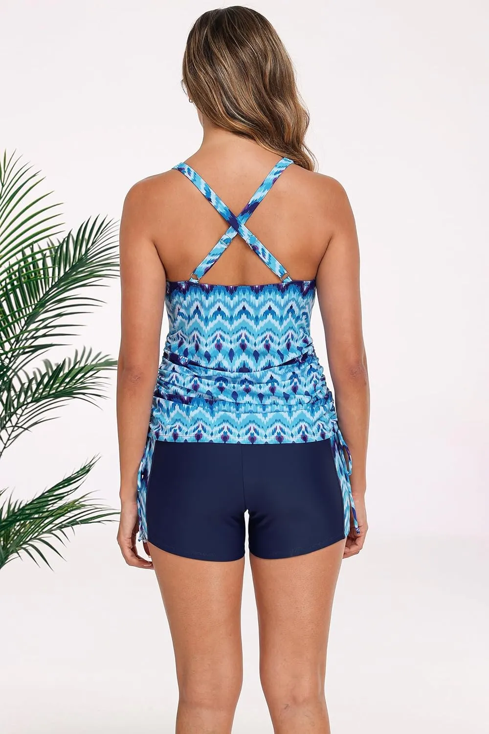 Halcurt Women's Two Piece Swimsuits Tankini Set with Shorts Pocket Tummy Control Adjustable Drawstring Bathing Suit