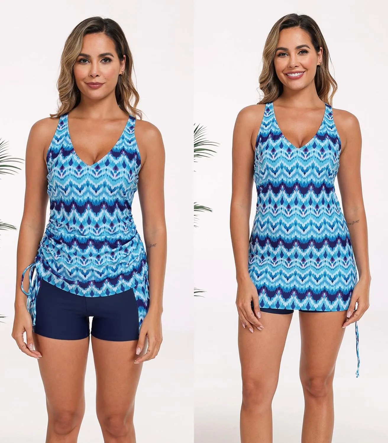 Halcurt Women's Two Piece Swimsuits Tankini Set with Shorts Pocket Tummy Control Adjustable Drawstring Bathing Suit