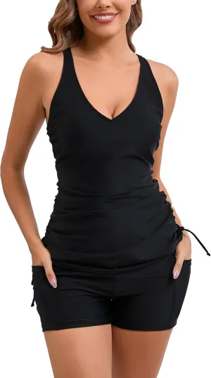 Halcurt Women's Two Piece Swimsuits Tankini Set with Shorts Pocket Tummy Control Adjustable Drawstring Bathing Suit