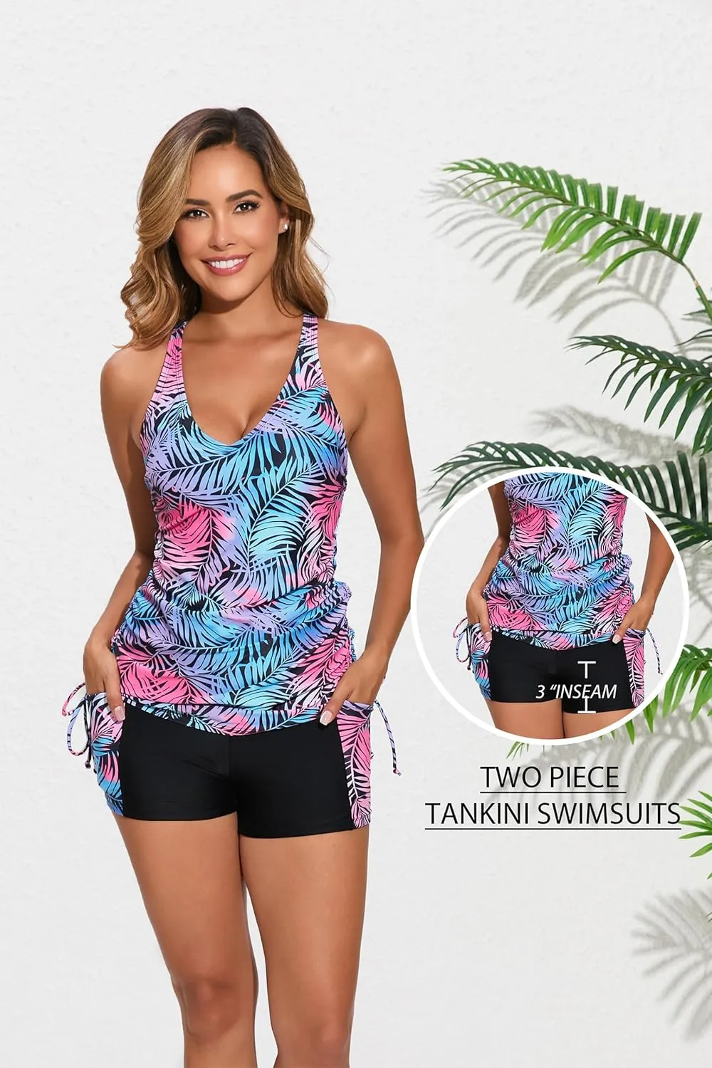 Halcurt Women's Two Piece Swimsuits Tankini Set with Shorts Pocket Tummy Control Adjustable Drawstring Bathing Suit