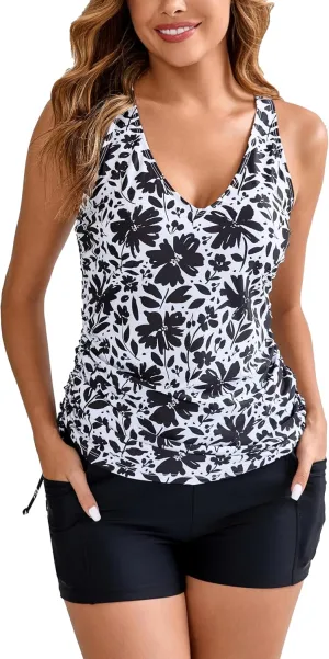 Halcurt Women's Two Piece Swimsuits Tankini Set with Shorts Pocket Tummy Control Adjustable Drawstring Bathing Suit