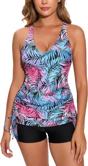 Halcurt Women's Two Piece Swimsuits Tankini Set with Shorts Pocket Tummy Control Adjustable Drawstring Bathing Suit