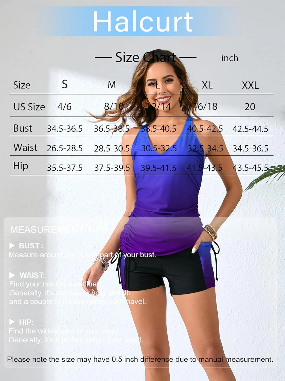 Halcurt Women's Two Piece Swimsuits Tankini Set with Shorts Pocket Tummy Control Adjustable Drawstring Bathing Suit
