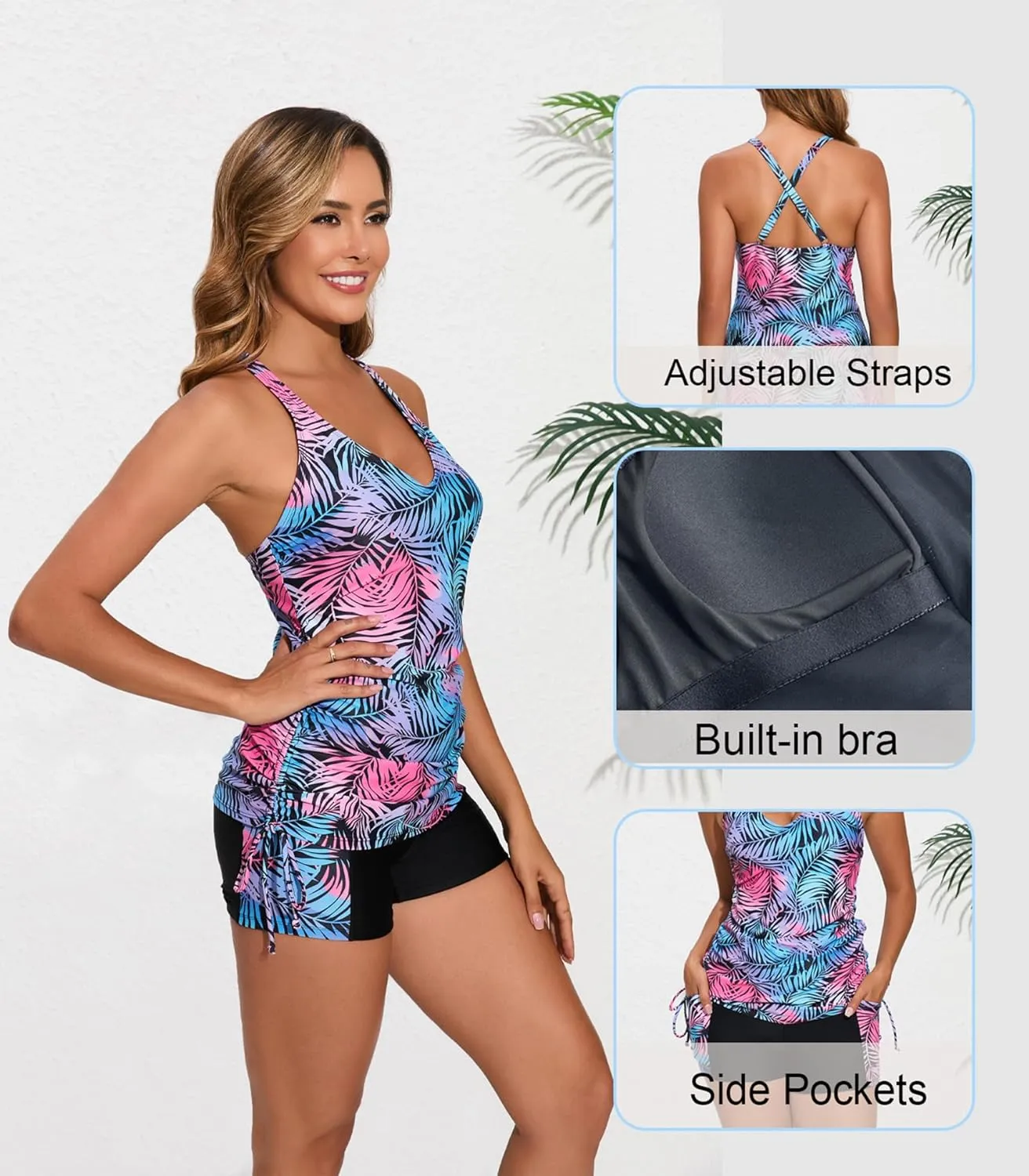 Halcurt Women's Two Piece Swimsuits Tankini Set with Shorts Pocket Tummy Control Adjustable Drawstring Bathing Suit