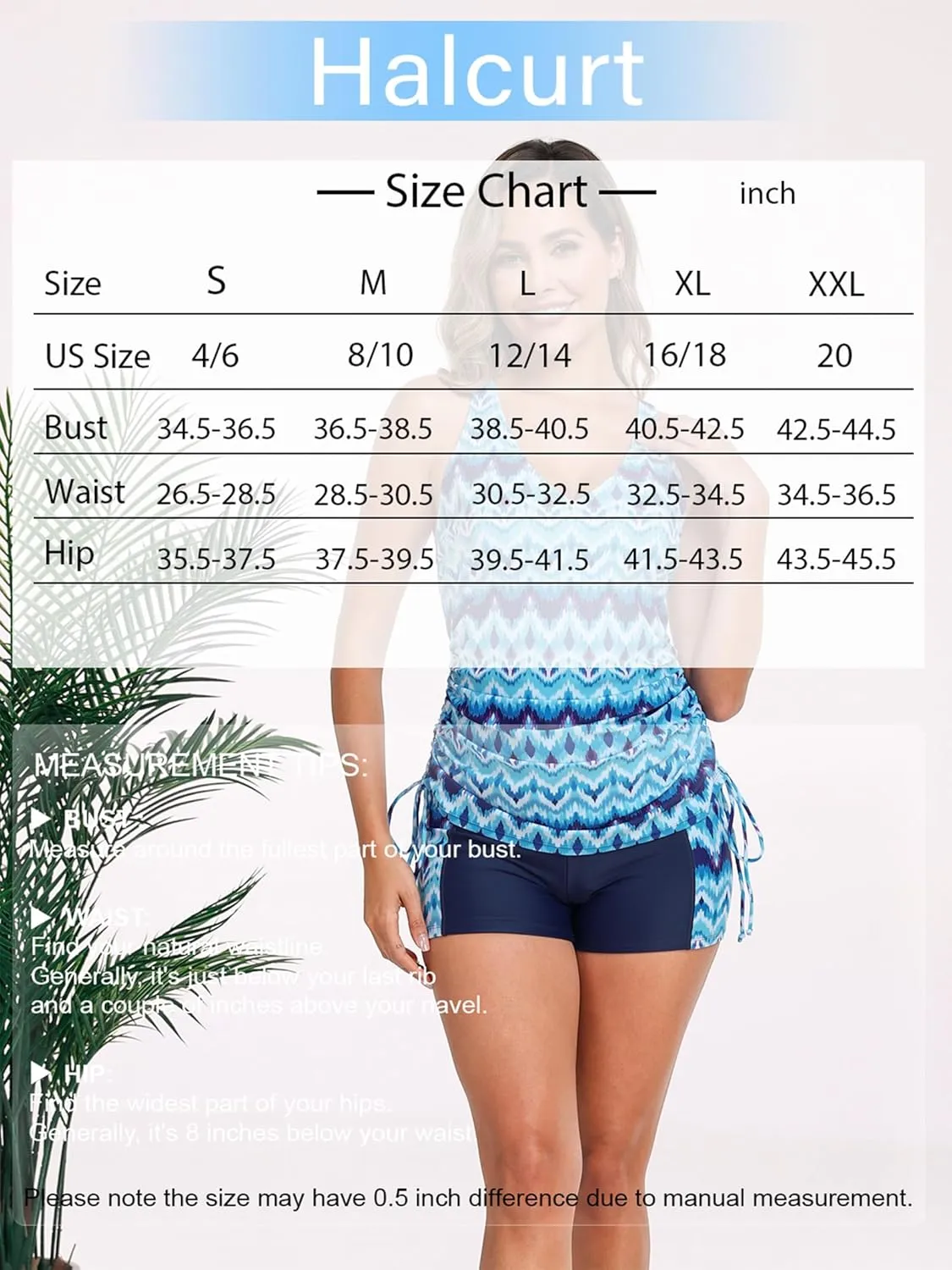 Halcurt Women's Two Piece Swimsuits Tankini Set with Shorts Pocket Tummy Control Adjustable Drawstring Bathing Suit