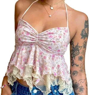 Halter Floral Camisole Tops for Women V Neck Lace Back Babydoll Top Cute Summer Going Out Tops for Teen Girls