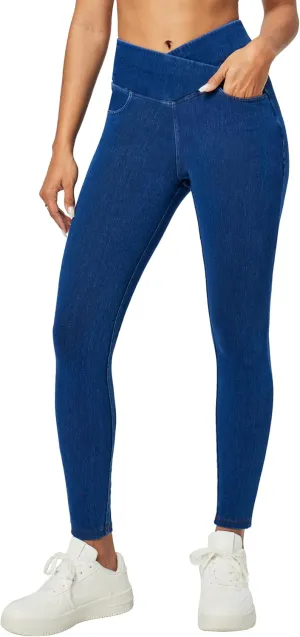 Heathyoga Crossover Jeggings for Women Tummy Control Pull on Stretchy Jeans for Women High Waisted Skinny Jeans