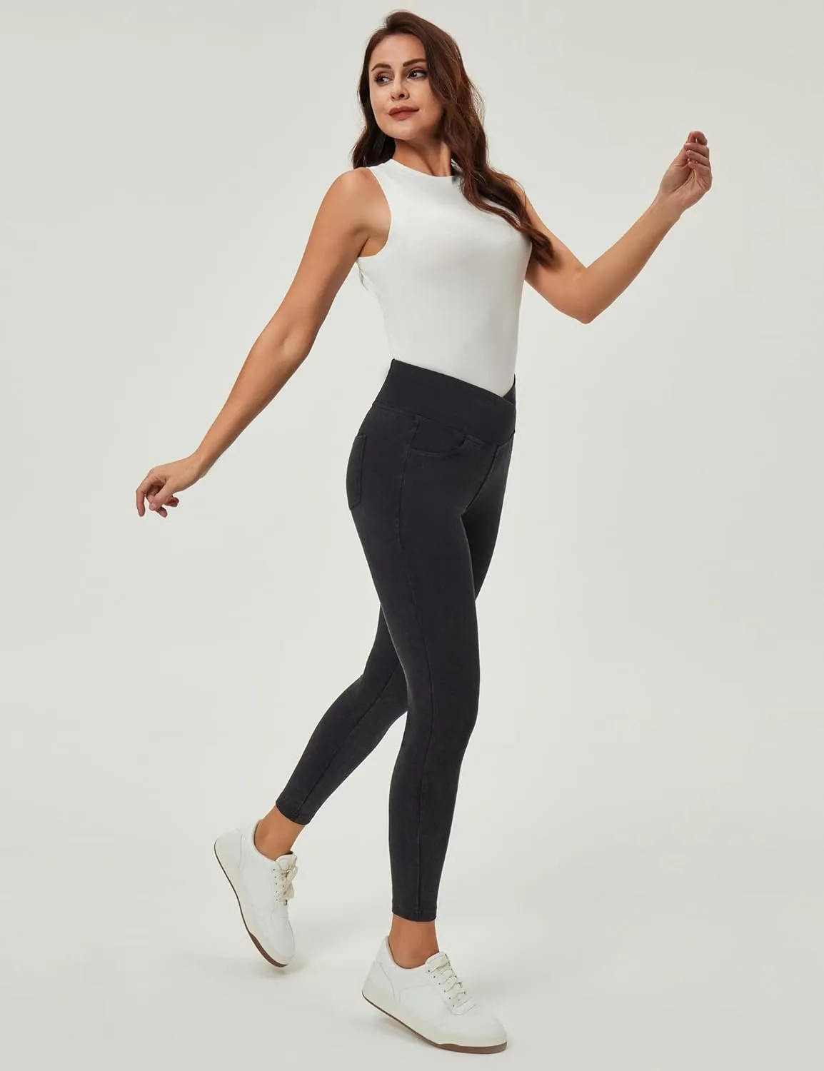 Heathyoga Crossover Jeggings for Women Tummy Control Pull on Stretchy Jeans for Women High Waisted Skinny Jeans