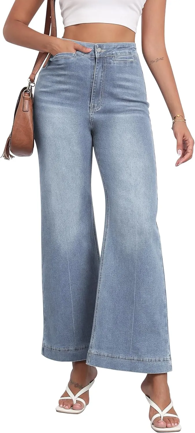 High Waisted Wide Leg Jeans Stretchy Flare Jeans for Women Loose Baggy Denim Pants with Pockets Y2K Trendy