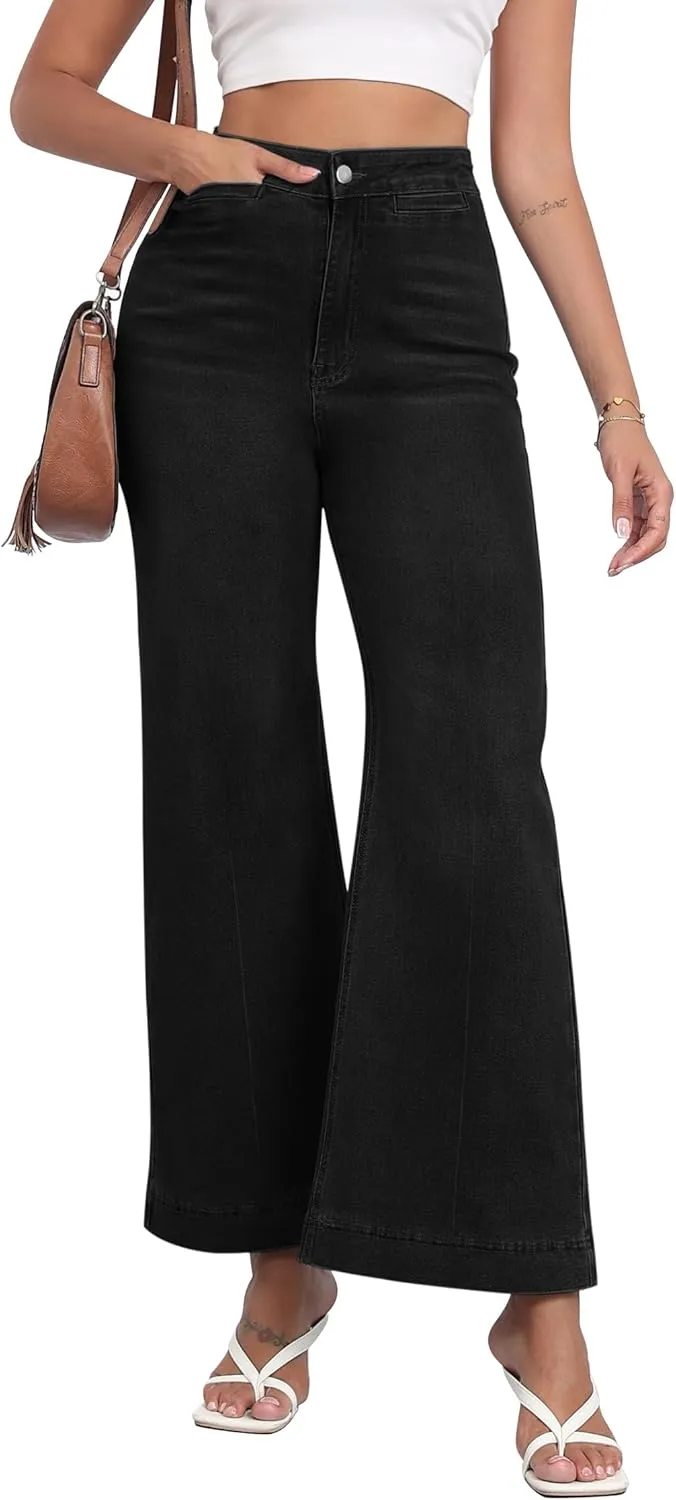 High Waisted Wide Leg Jeans Stretchy Flare Jeans for Women Loose Baggy Denim Pants with Pockets Y2K Trendy