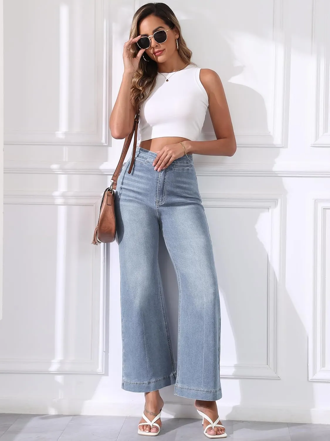 High Waisted Wide Leg Jeans Stretchy Flare Jeans for Women Loose Baggy Denim Pants with Pockets Y2K Trendy