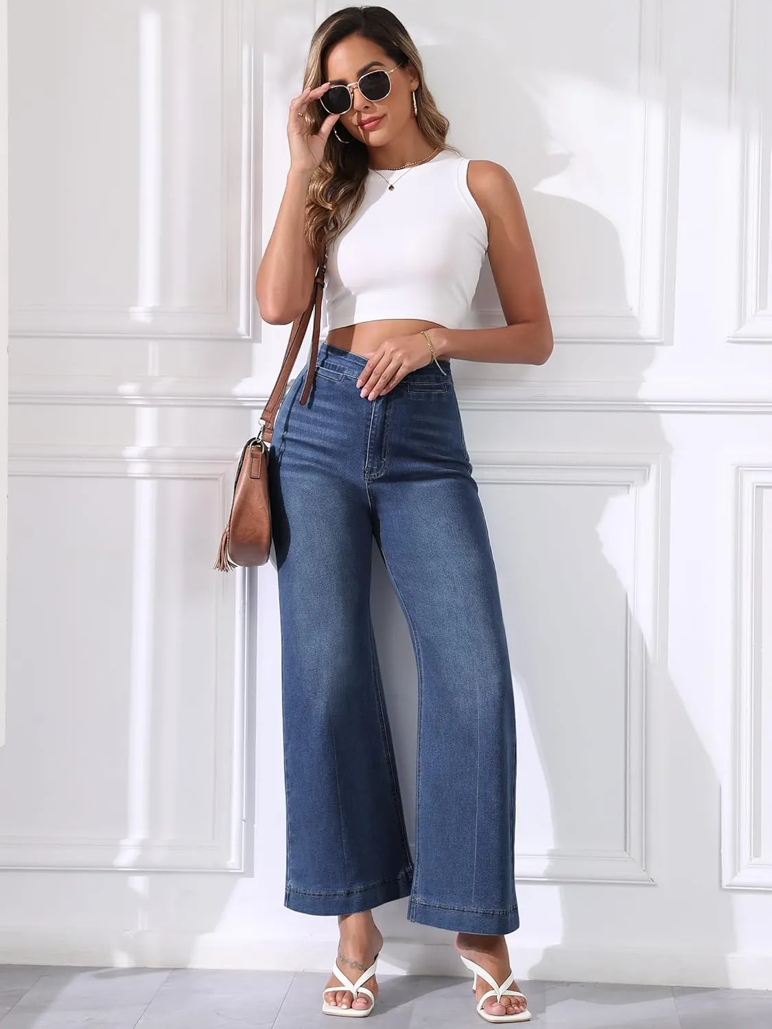 High Waisted Wide Leg Jeans Stretchy Flare Jeans for Women Loose Baggy Denim Pants with Pockets Y2K Trendy
